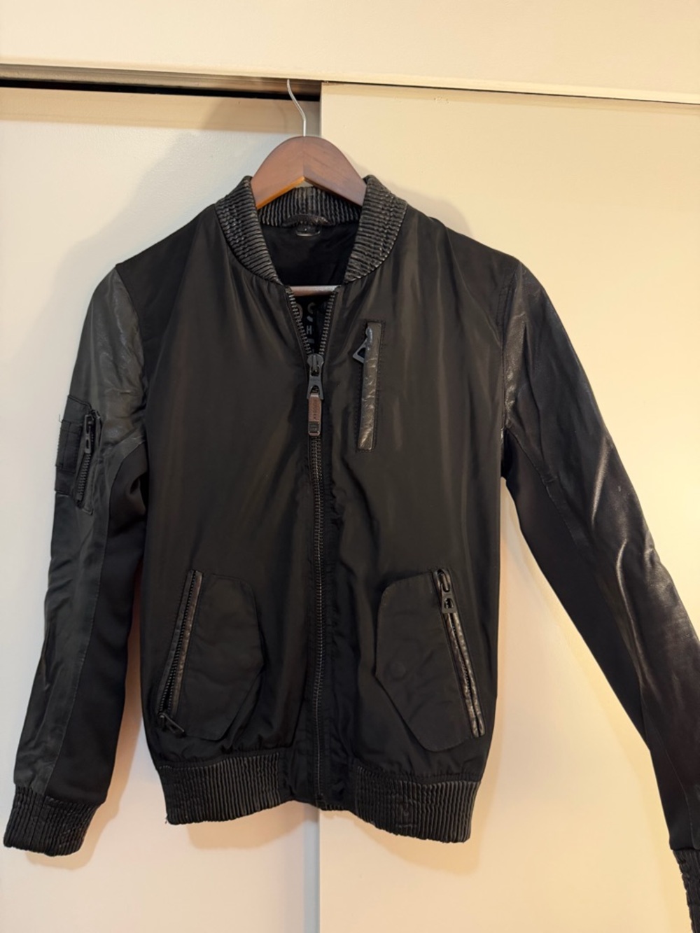 Rudsak Black Leather Sleeve Bomber Jacket | Slim Fit Moto | Small